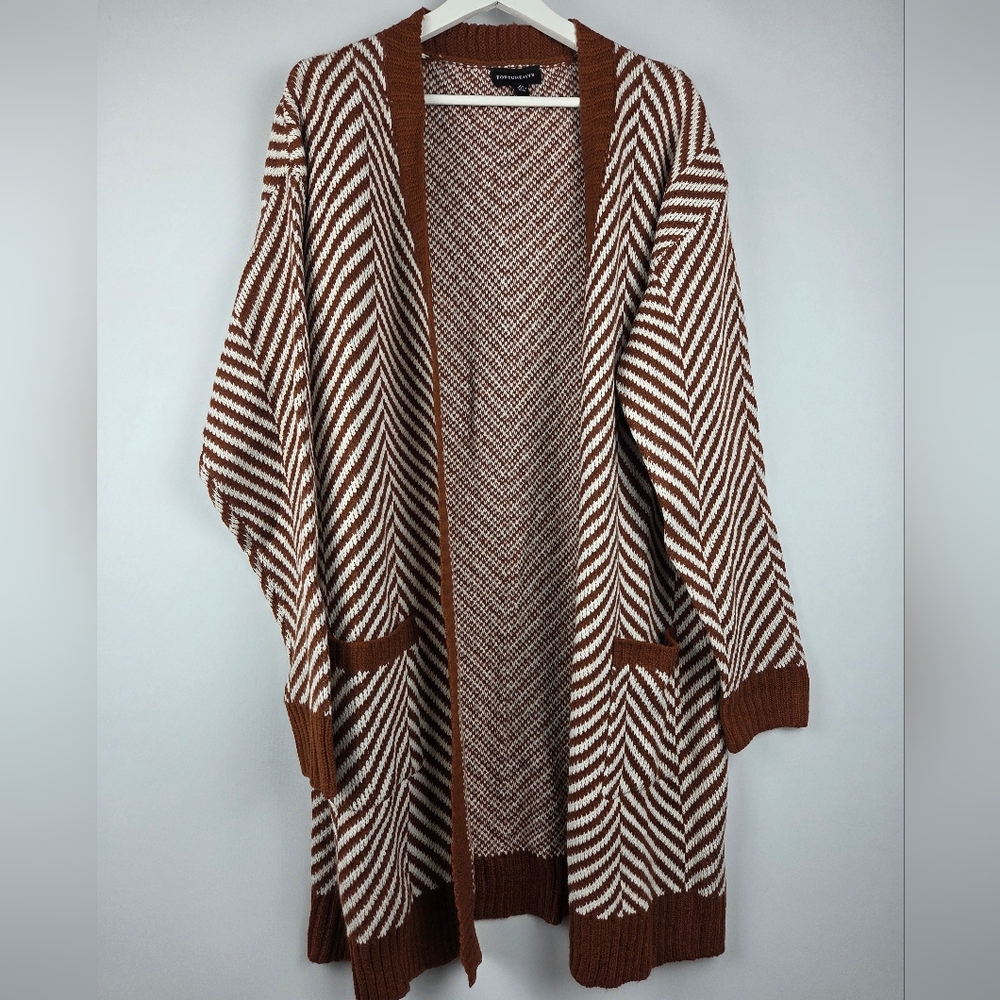 Fortune & Ivy Open Front Brown White Striped Cardigan Women